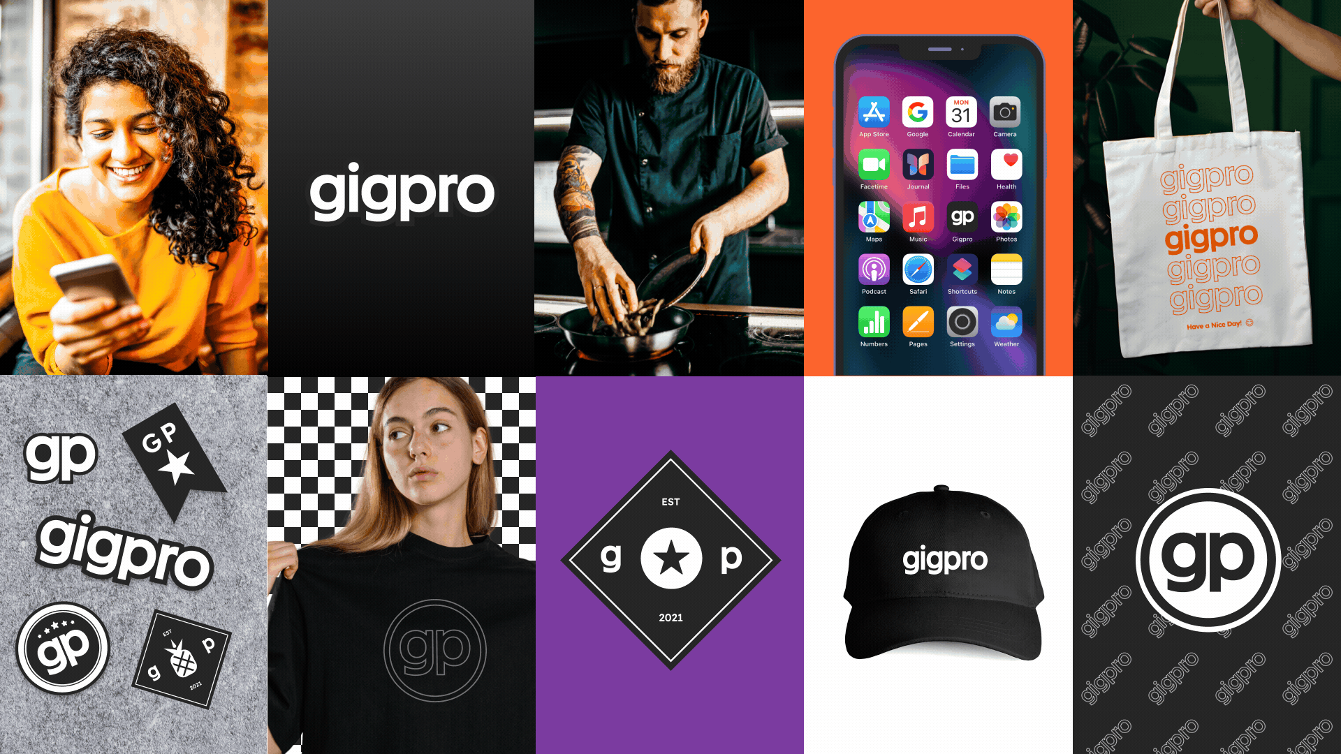 Grid of gigpro rebrand photography and merchandise: lifestyle photos, logo lockup, tote bag, apparel, and stickers
